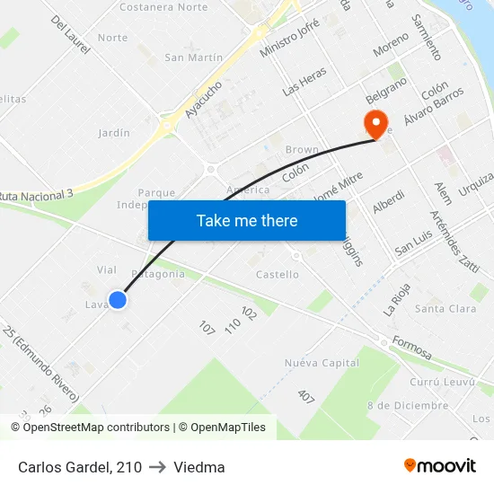 Carlos Gardel, 210 to Viedma map