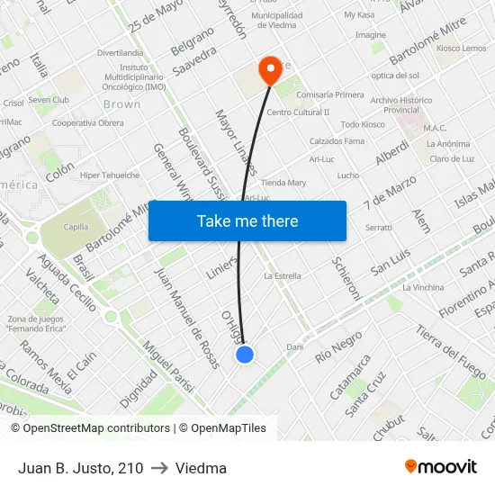 Juan B. Justo, 210 to Viedma map