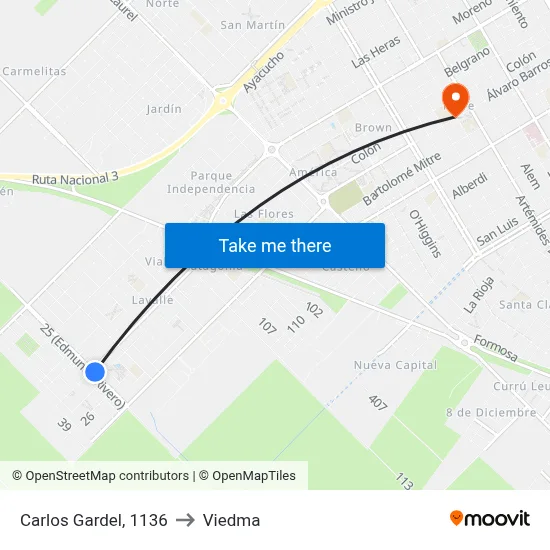 Carlos Gardel, 1136 to Viedma map