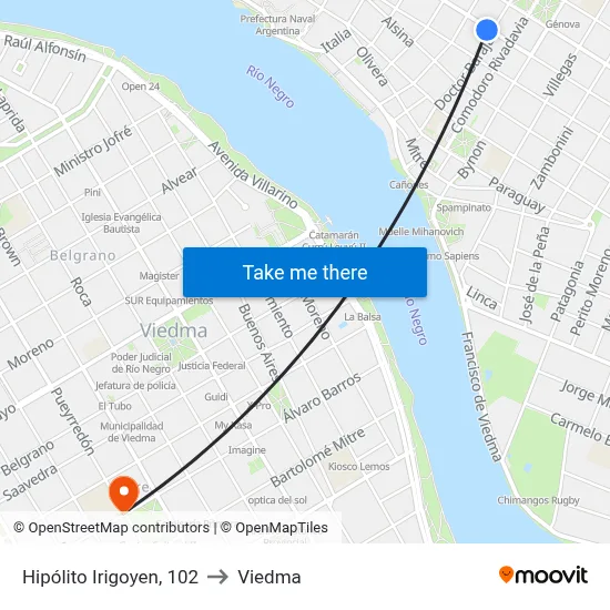 Hipólito Irigoyen, 102 to Viedma map