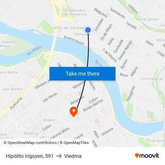 Hipólito Irigoyen, 591 to Viedma map