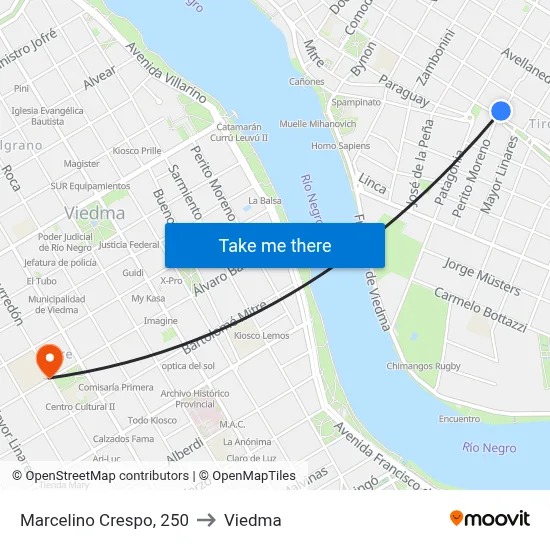 Marcelino Crespo, 250 to Viedma map