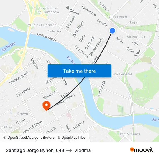 Santiago Jorge Bynon, 648 to Viedma map