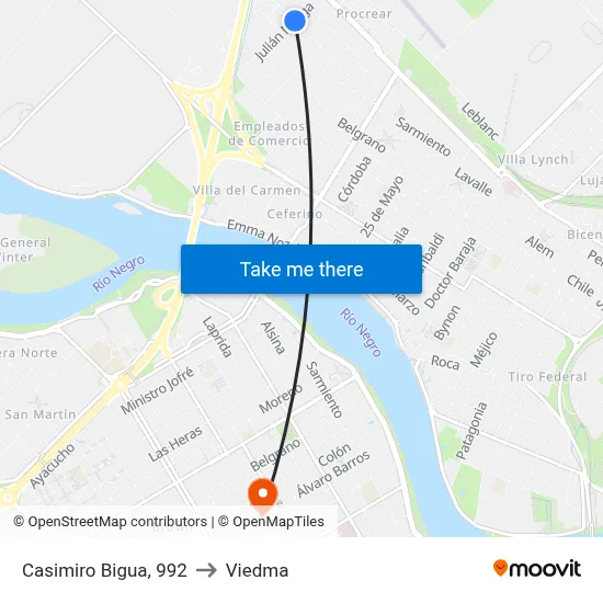 Casimiro Bigua, 992 to Viedma map