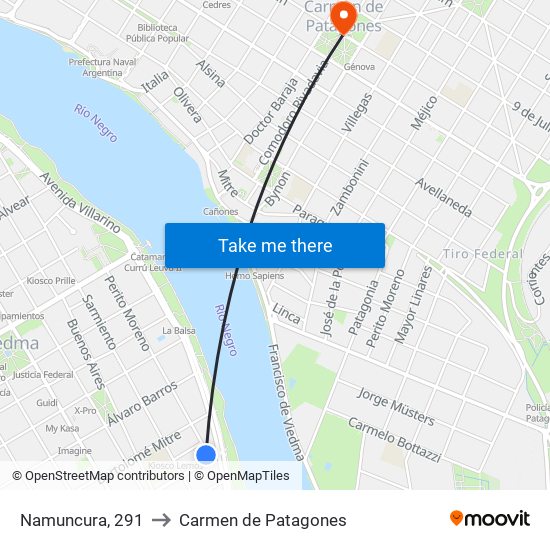 Namuncura, 291 to Carmen de Patagones map
