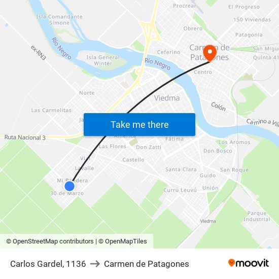 Carlos Gardel, 1136 to Carmen de Patagones map
