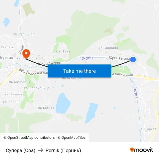 Супера (Cba) to Pernik (Перник) map