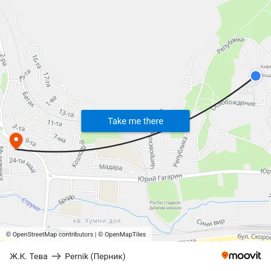 Ж.К. Тева to Pernik (Перник) map