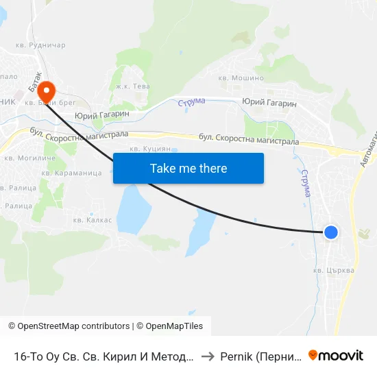 16-То Оу Св. Св. Кирил И Методий to Pernik (Перник) map