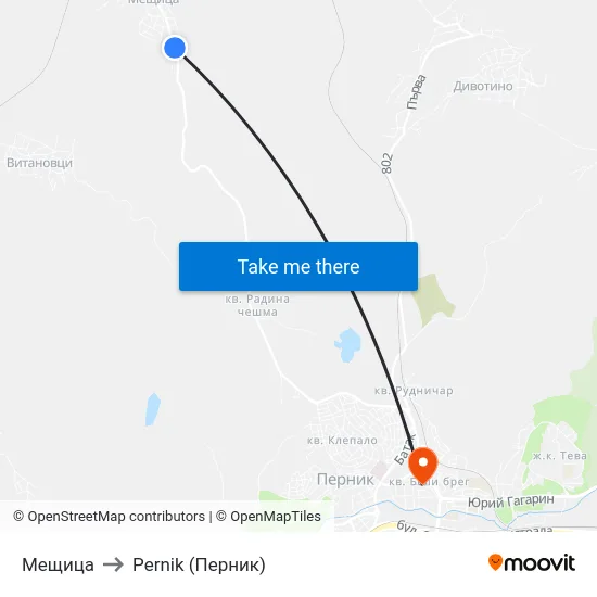 Мещица to Pernik (Перник) map