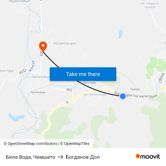 Бела Вода, Чемшето to Богданов Дол map