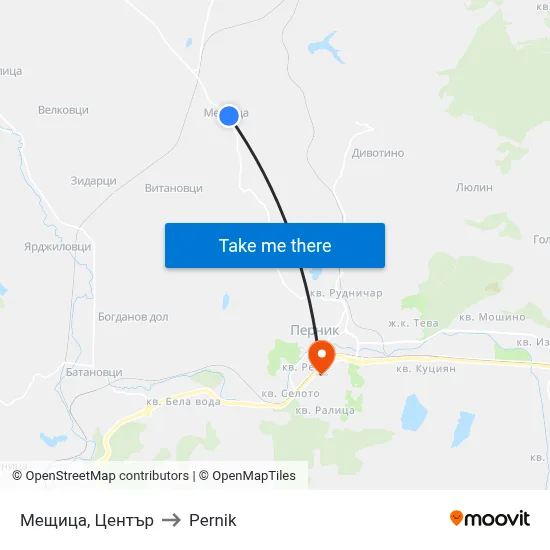 Meshtitsa Center to Pernik map