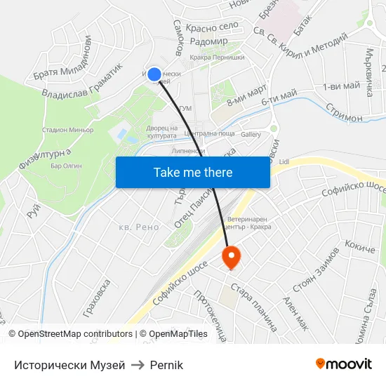Исторически Музей to Pernik map