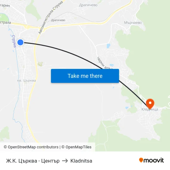 Ж.К. Църква - Център to Kladnitsa map