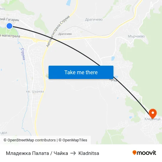 Младежка Палата / Чайка to Kladnitsa map