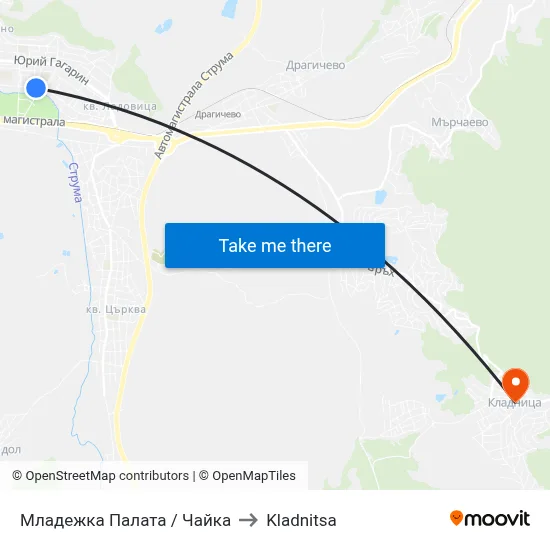 Младежка Палата / Чайка to Kladnitsa map