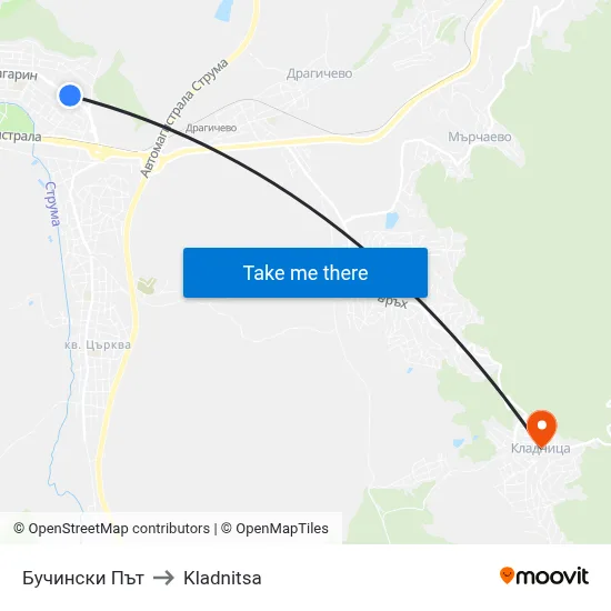 Бучински Път to Kladnitsa map