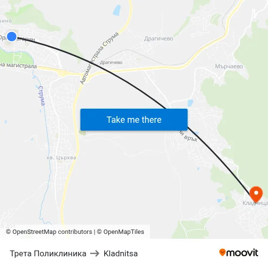 Трета Поликлиника to Kladnitsa map
