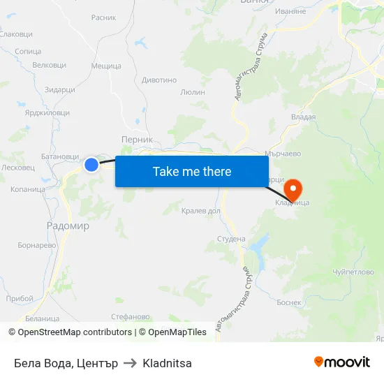 Bela Voda Center to Kladnitsa map