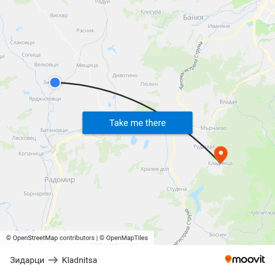 Zidartsi to Kladnitsa map