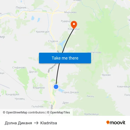 Dolna Dikanya to Kladnitsa map