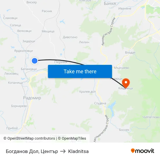 Bogdanov Dol, Center to Kladnitsa map