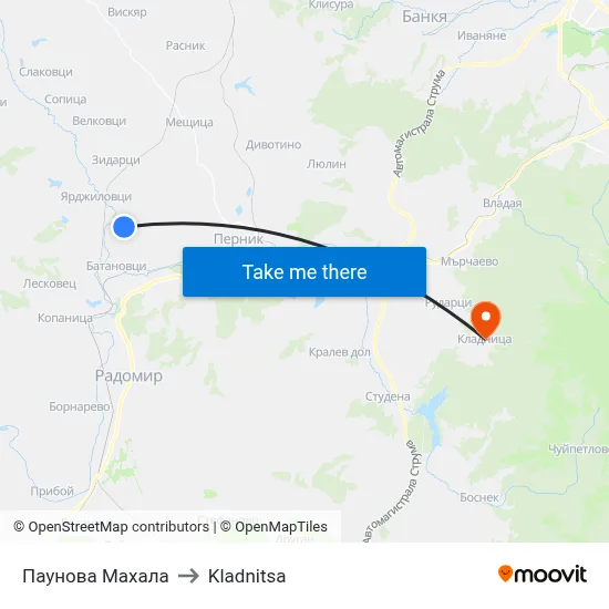 Паунова Махала to Kladnitsa map