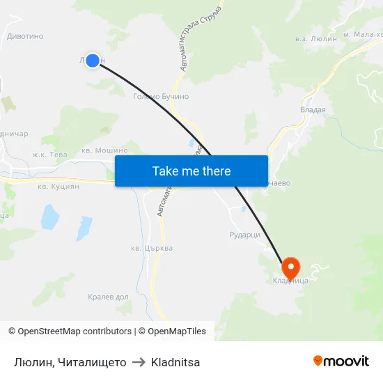 Люлин, Читалището to Kladnitsa map