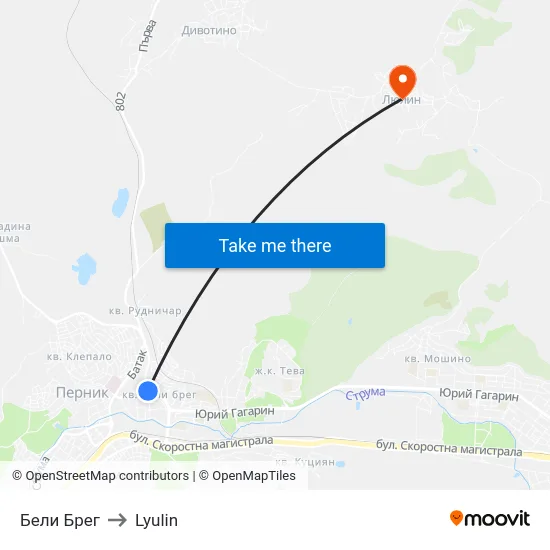 Бели Брег to Lyulin map