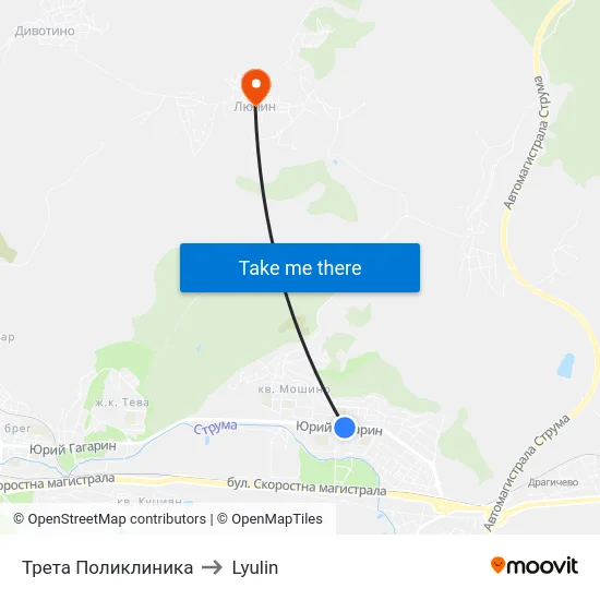 Трета Поликлиника to Lyulin map