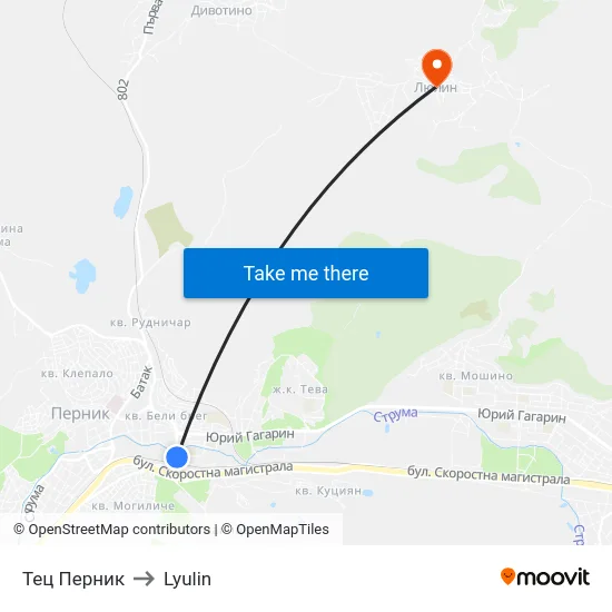 Тец Перник to Lyulin map