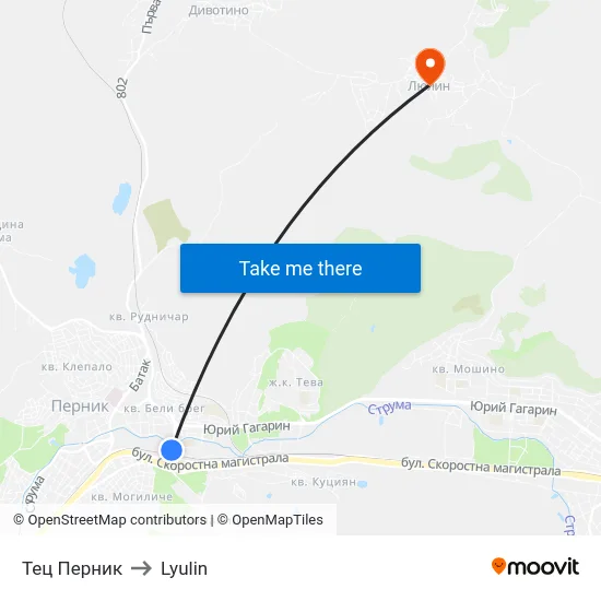 Тец Перник to Lyulin map