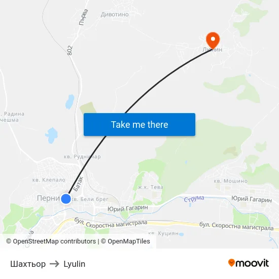 Шахтьор to Lyulin map