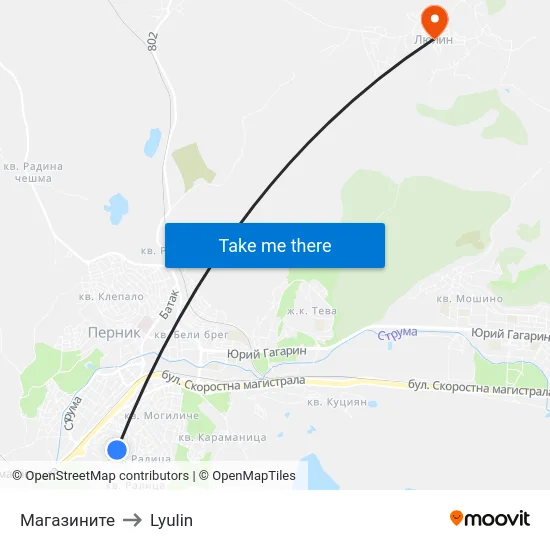 Магазините to Lyulin map