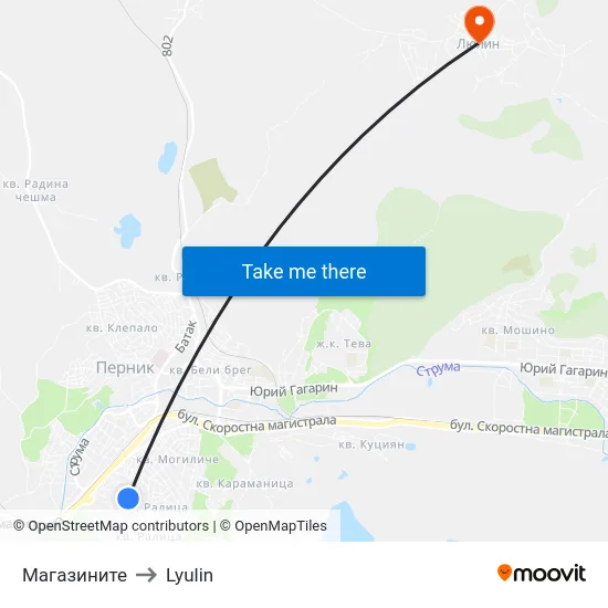 Магазините to Lyulin map
