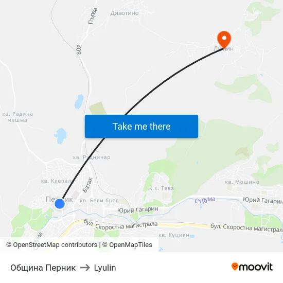 Община Перник to Lyulin map