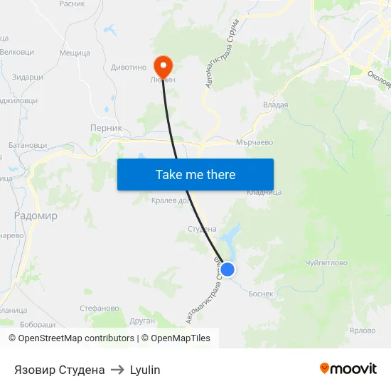 Язовир Студена to Lyulin map