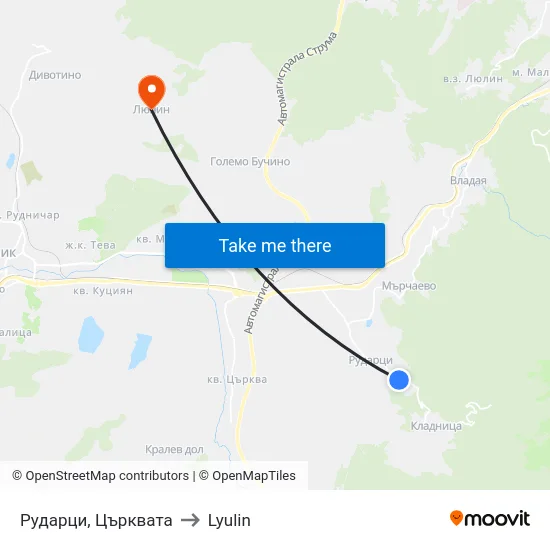 Рударци, Църквата to Lyulin map