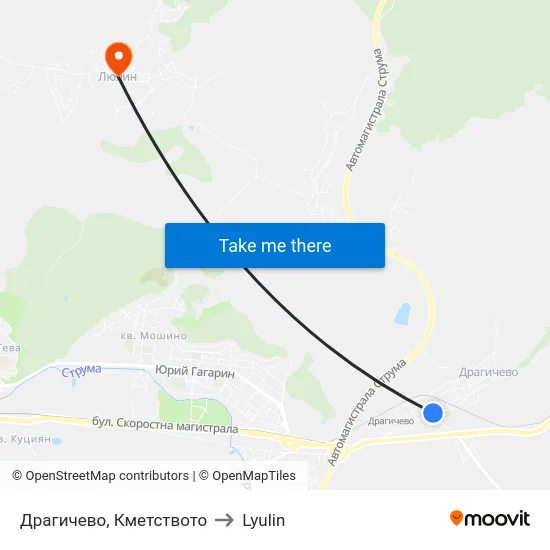 Драгичево, Кметството to Lyulin map