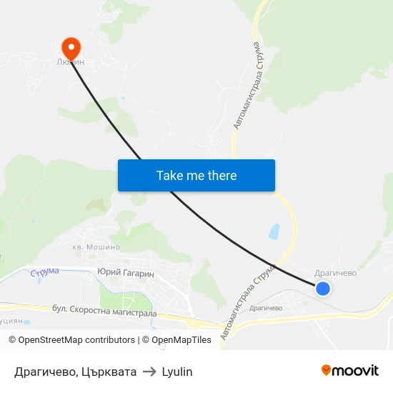 Драгичево, Църквата to Lyulin map