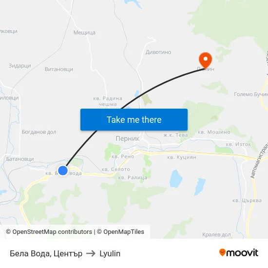 Бела Вода, Център to Lyulin map