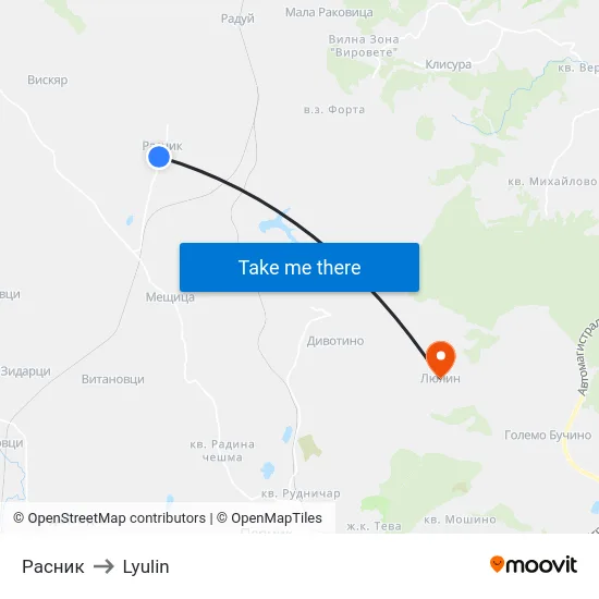 Расник to Lyulin map