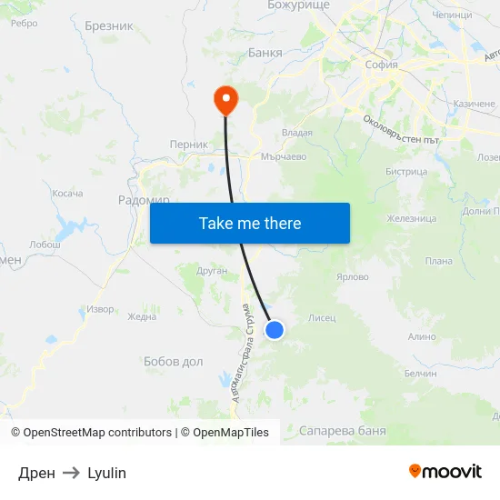 Дрен to Lyulin map