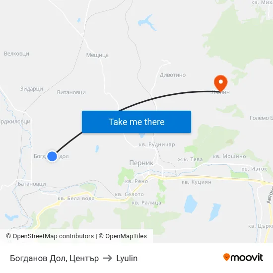 Богданов Дол, Център to Lyulin map