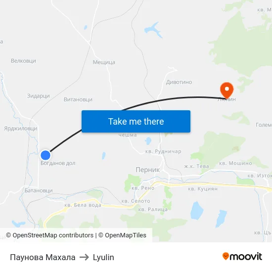 Паунова Махала to Lyulin map