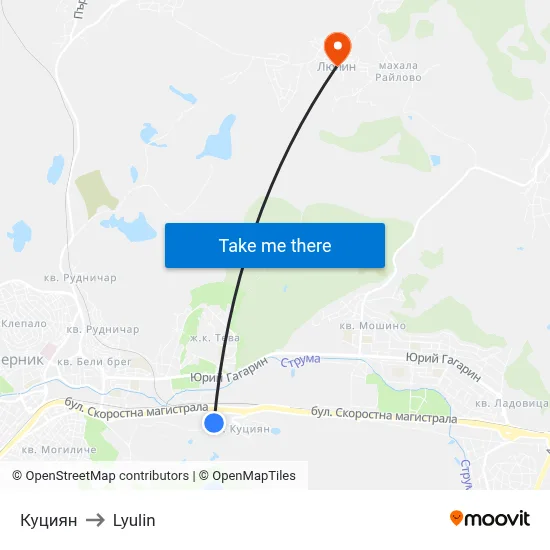 Kutsiyan to Lyulin map