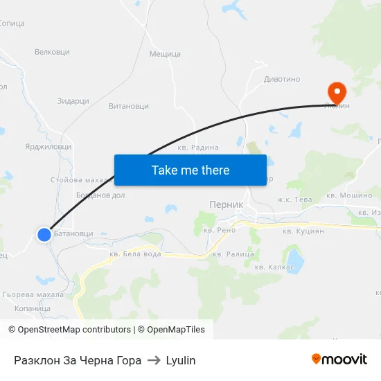 Cherna Gora Junction to Lyulin map