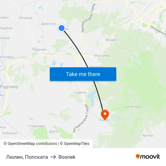 Люлин, Попската to Bosnek map