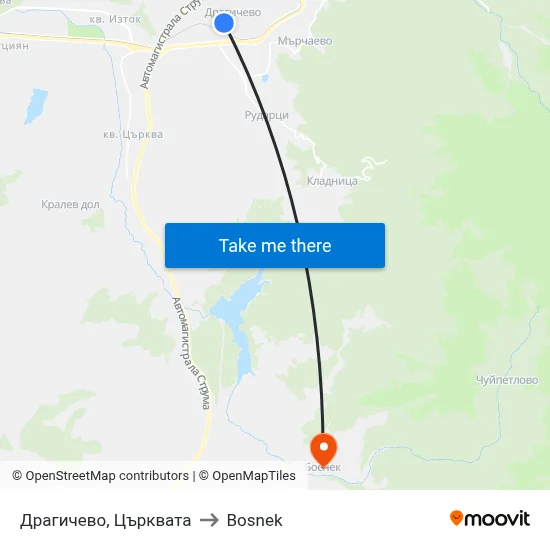 Dragichevo Church to Bosnek map