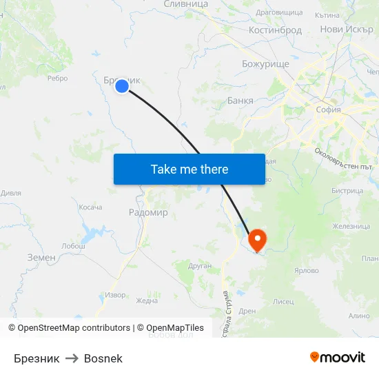 Брезник to Bosnek map